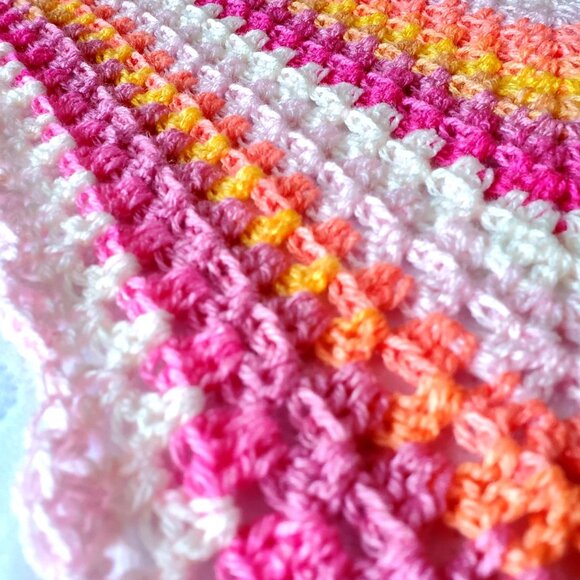 Crochet BABY BLANKET AFGHAN GRANNY SQUARE 29"x 29" PINK YELLOW ORANGE WHITE - Picture 8 of 11